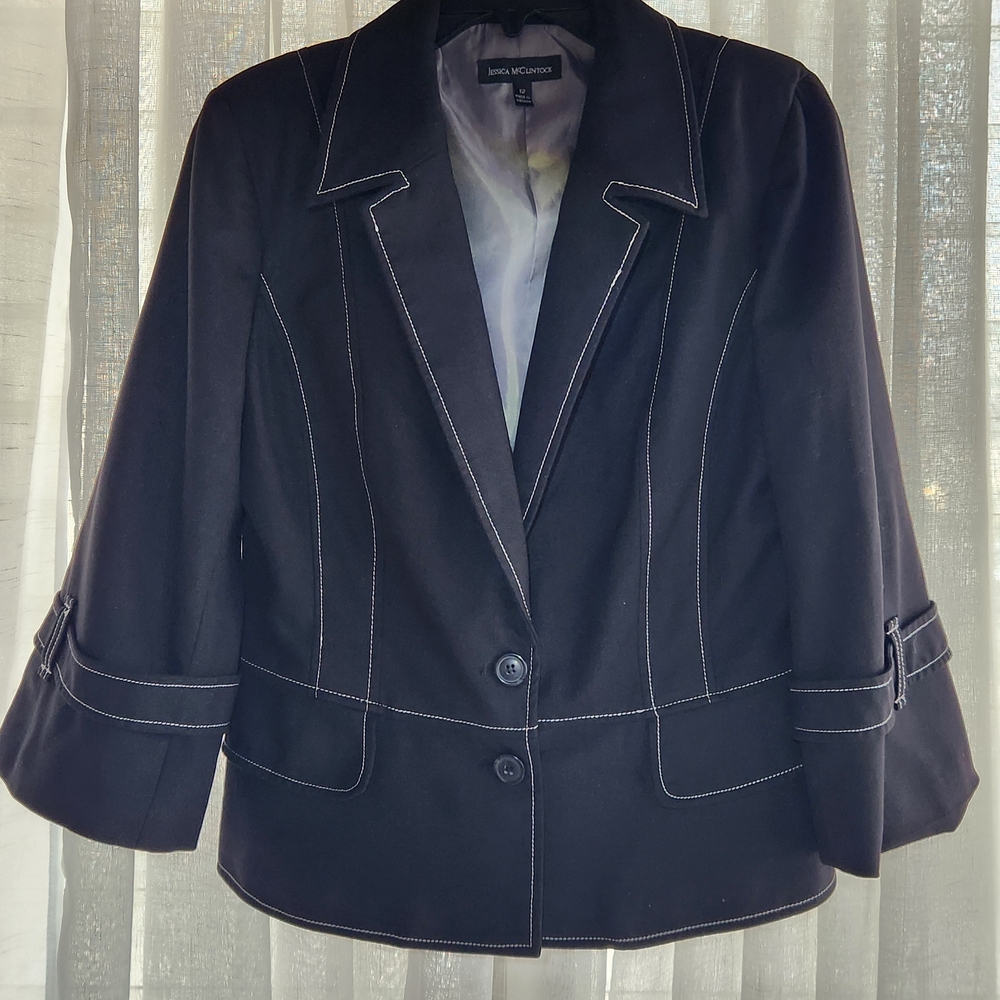 Jessica McClintock Black Blazer with White Stitching